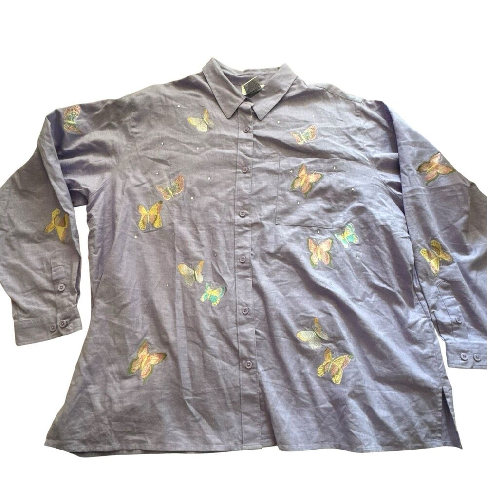 Vintage Quacker Factory Shirt Women 2Xl Purple Butterfly‎ Embroidery Beautiful